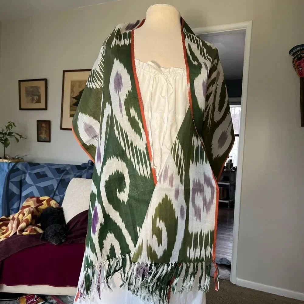 VTG Ikat Woven Scarf Shawl Green Purple Fringe Boho Wrap 70x15